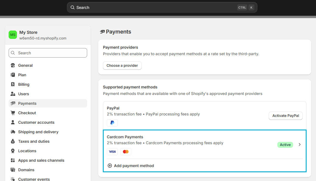 קארדקום שופיפיי - אמצעי תשלום